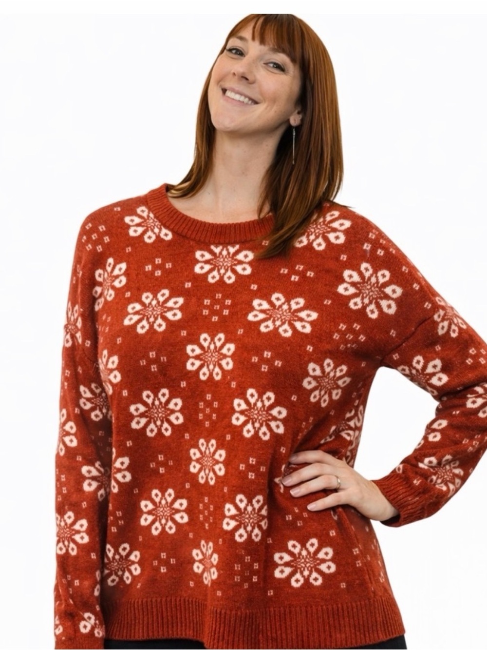 Madewell Rust Crewneck Sweater with White Floral Motif